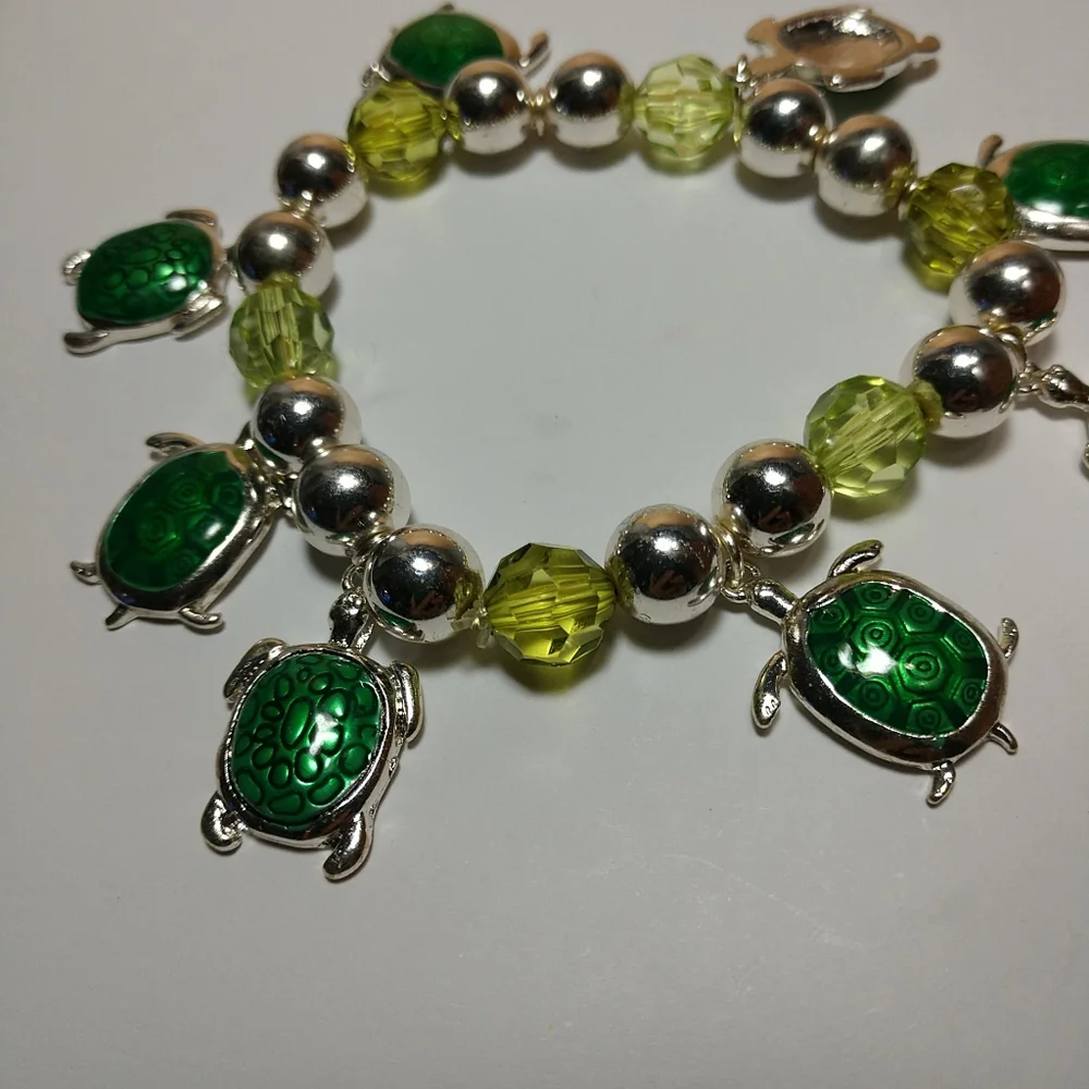 🆕🐢Turtle 🐢 Charm Bracelet Sterling Silver Beads on Heavy Stretch Cord New - Picture 9 of 10